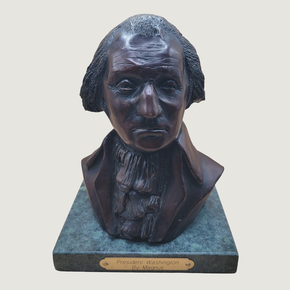 George Washington Bust Bronze Sculpture Magnus Artist Signed Marble Base VTG